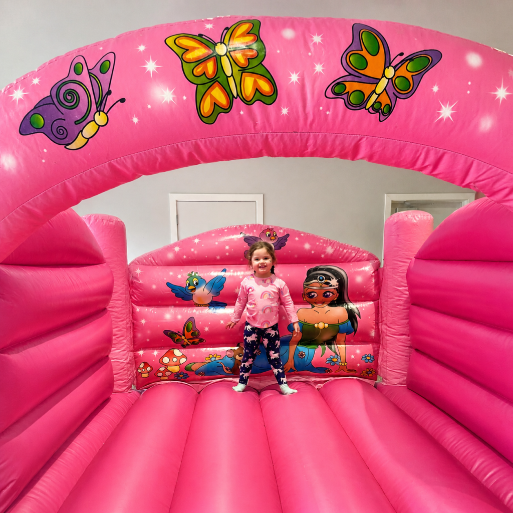 Pink princess bouncy castle with butterflies